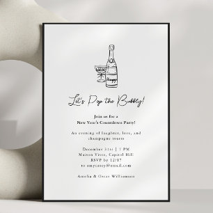 Champagne Drawing Minimalist New Year's Eve Party Invitation