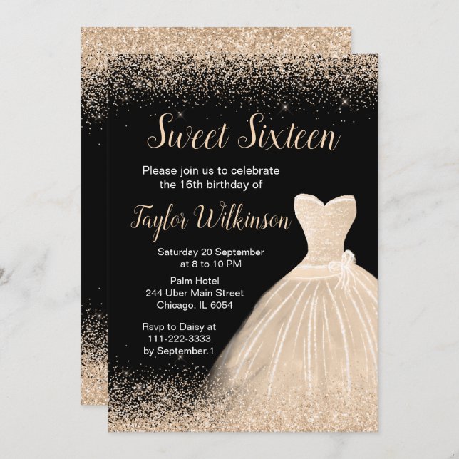 Champagne Dress Faux Glitter Sweet 16 Birthday Invitation (Front/Back)