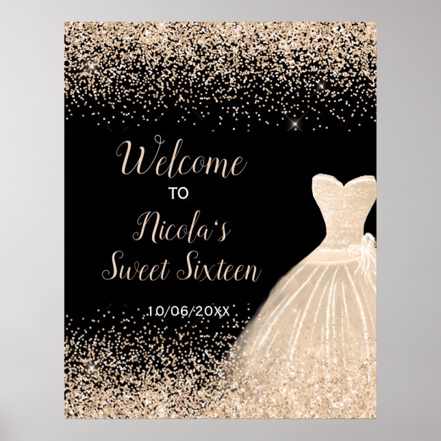 Champagne Dress Faux Glitter Sweet 16 Welcome Poster (Front)