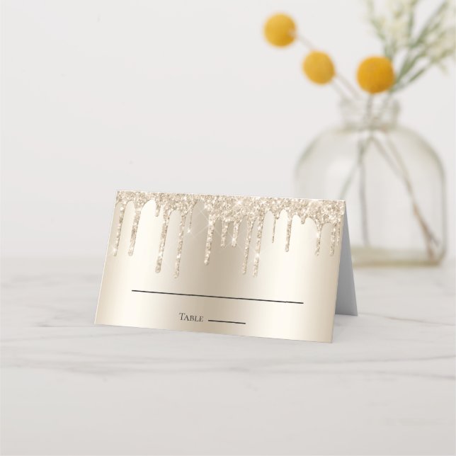Champagne Dripping Glitter Elegant Wedding  Place Card (Front)