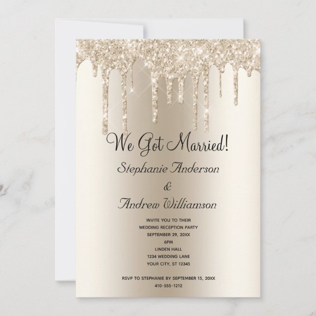 Champagne Dripping glitter Elopement Reception Announcement (Front)
