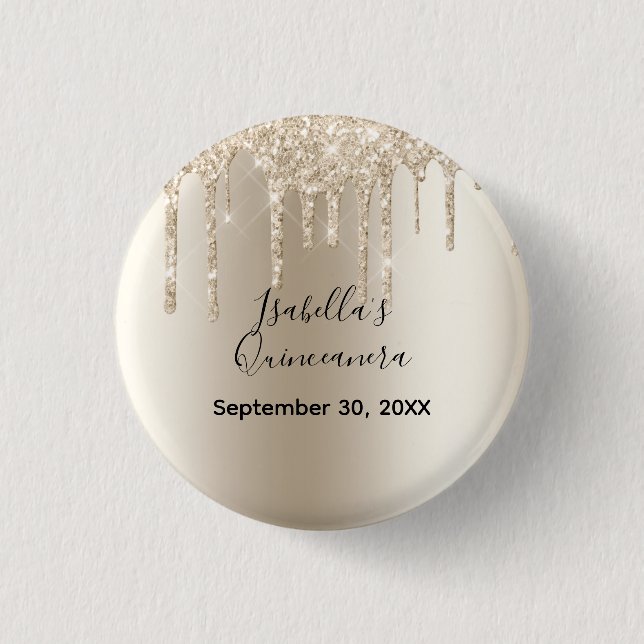 Champagne Dripping Glitter Quinceanera Birthday 3 Cm Round Badge (Front)