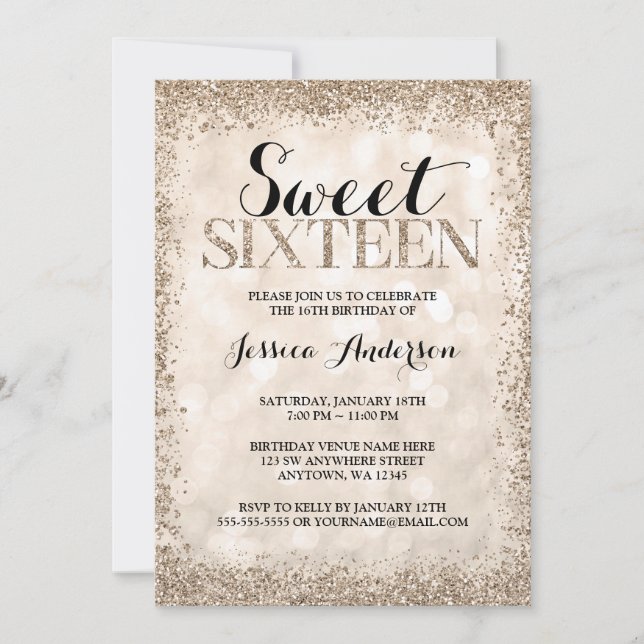 Champagne Faux Glitter Sweet 16 Birthday Invitation (Front)