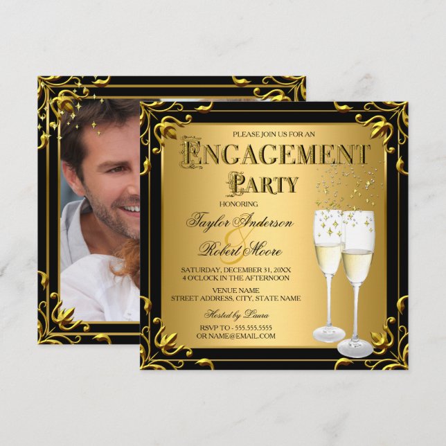 Champagne Faux Gold Black Engagement Party Photo Invitation (Front/Back)