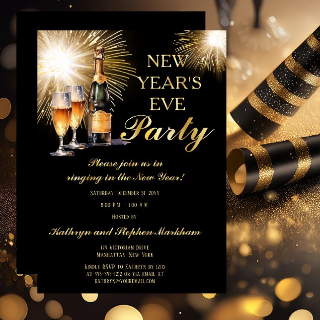 Champagne Fireworks Black Gold New Years Eve Party (Champagne with Glasses and Fireworks Black and Gold Tone New Year's Eve Party Invitation)