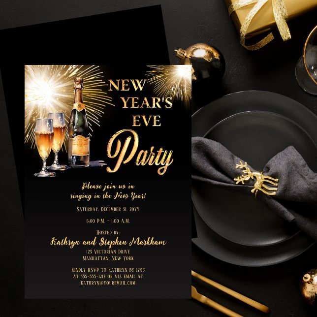 Champagne Fireworks Black Gold New Years Eve Party Invitation (Champagne with Glasses and Fireworkds Black and Gold Tone New Year's Eve Party Invitation)