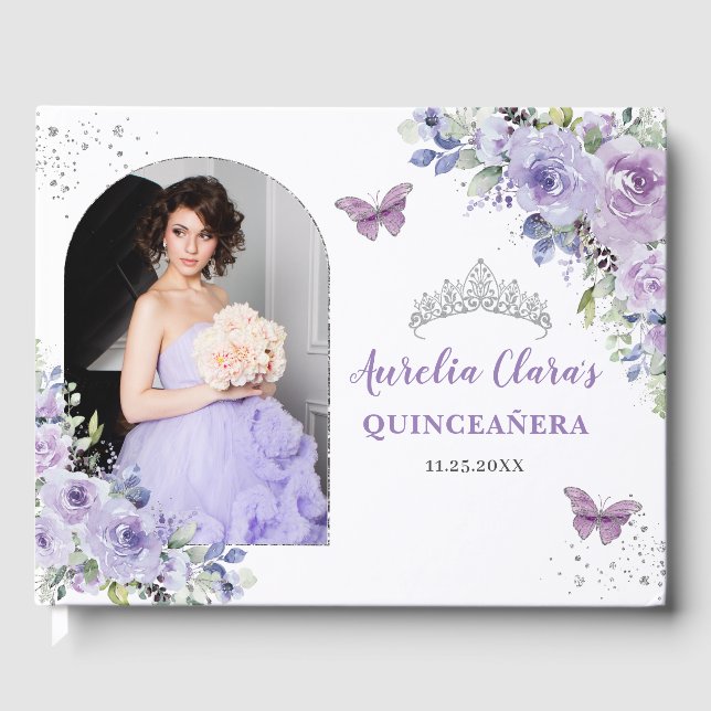 Champagne Floral Butterflies Quinceañera Photo Guest Book (Front)