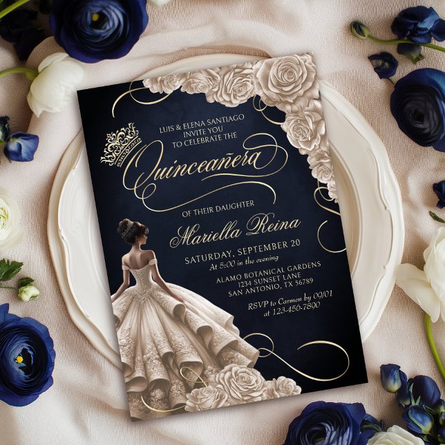 Champagne Floral Dress Quinceañera Invitation (Creator Uploaded)