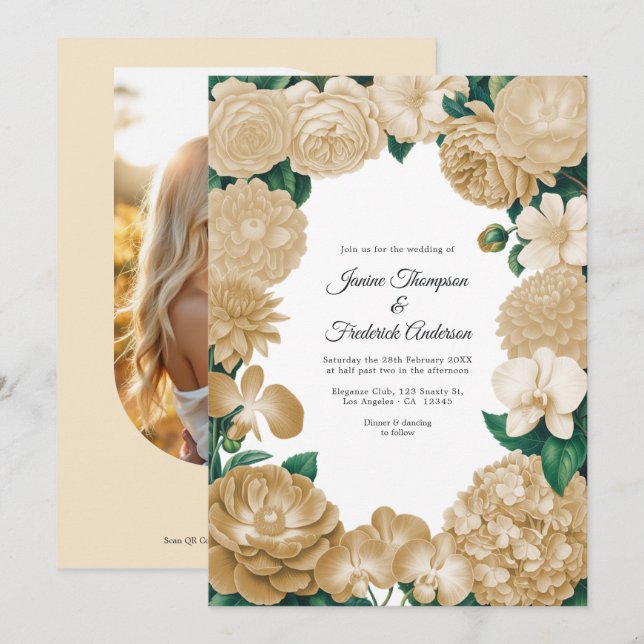 Champagne Floral Photo and QR Code Wedding Invitation (Front/Back)