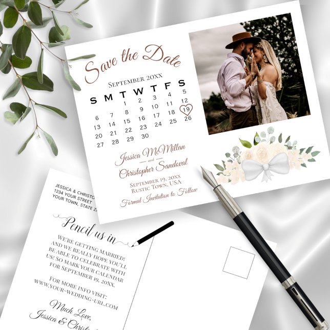 Champagne Floral Photo & Calendar Save the Date Announcement Postcard (Creator Uploaded)