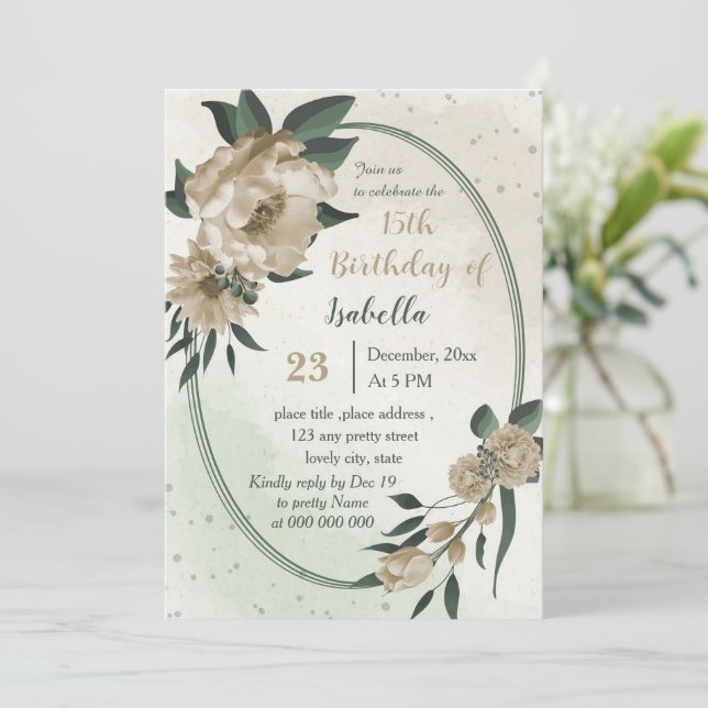 champagne flowers greenery birthday invitation (Standing Front)