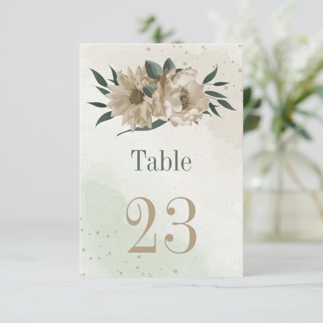 champagne flowers greenery botanical table number (Standing Front)