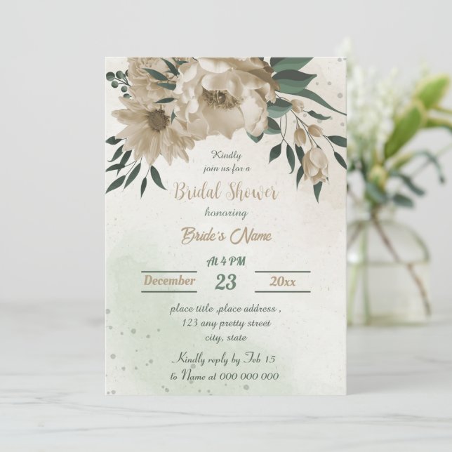 champagne flowers greenery bridal shower invitation (Standing Front)