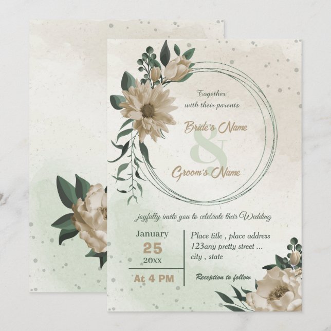 champagne flowers greenery wedding invitation (Front/Back)