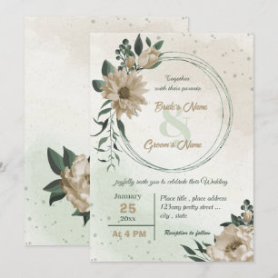 champagne flowers greenery wedding invitation