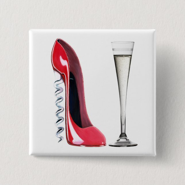 Champagne Flute Glass and Corkscrew Stiletto Shoe 15 Cm Square Badge (Front)