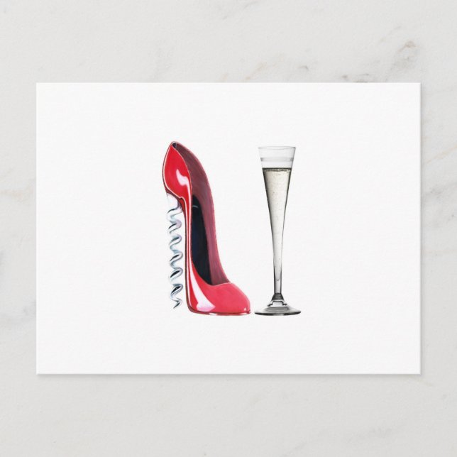 Champagne Flute Glass and Corkscrew Stiletto Shoe Postcard (Front)