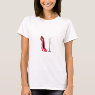 Champagne Flute Glass and Corkscrew Stiletto Shoe T-Shirt