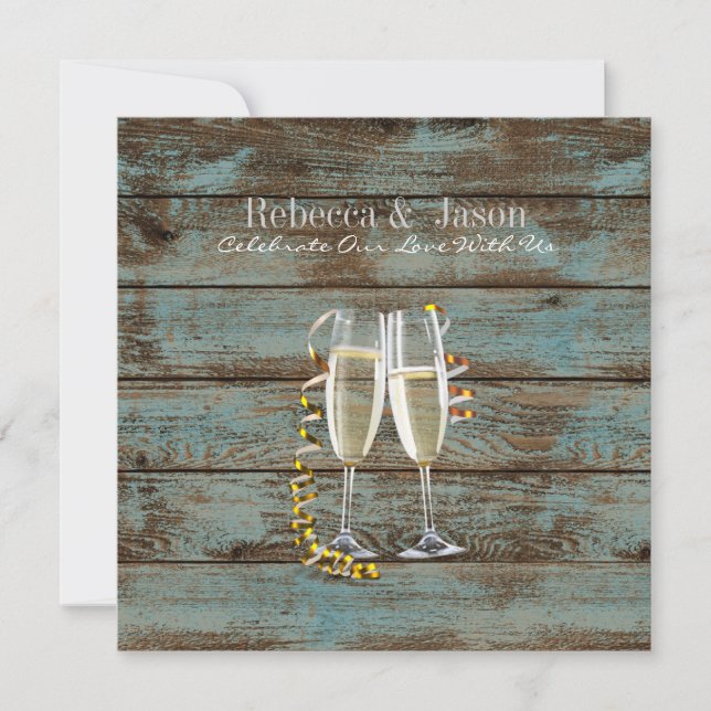 champagne flutes rustic blue barn wedding invitation (Front)