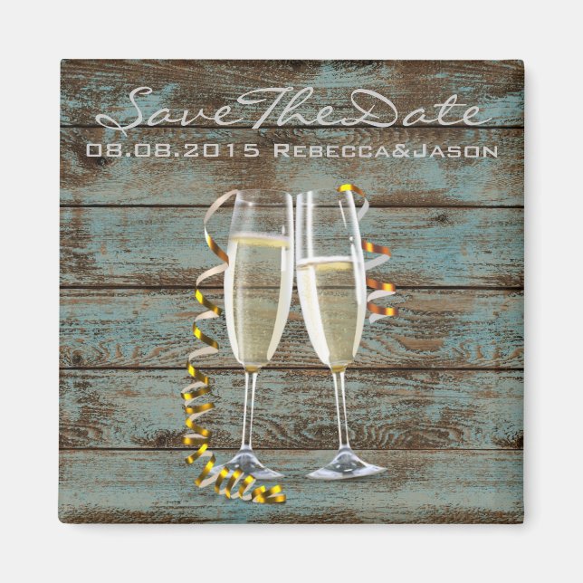 champagne flutes rustic blue barn wedding magnet (Front)