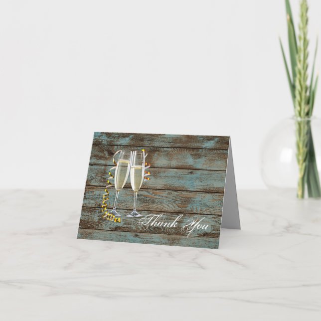 champagne flutes rustic blue barn wedding thank you card (Front)