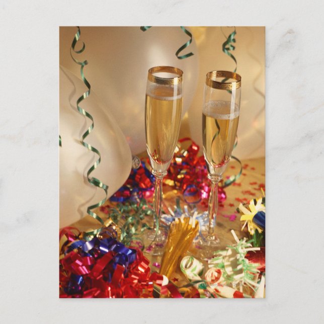 Champagne flutes, streamers and noisemakers postcard (Front)