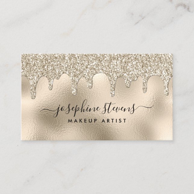 Champagne Foil Glitter Drips Script Typography Business Card (Front)