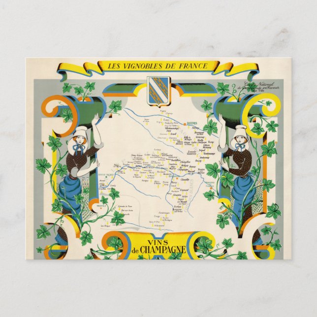 Champagne, France Vintage Map Postcard (Front)