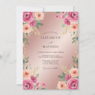 Champagne Fuchsia Ranunculus Eucalyptus Wedding Invitation
