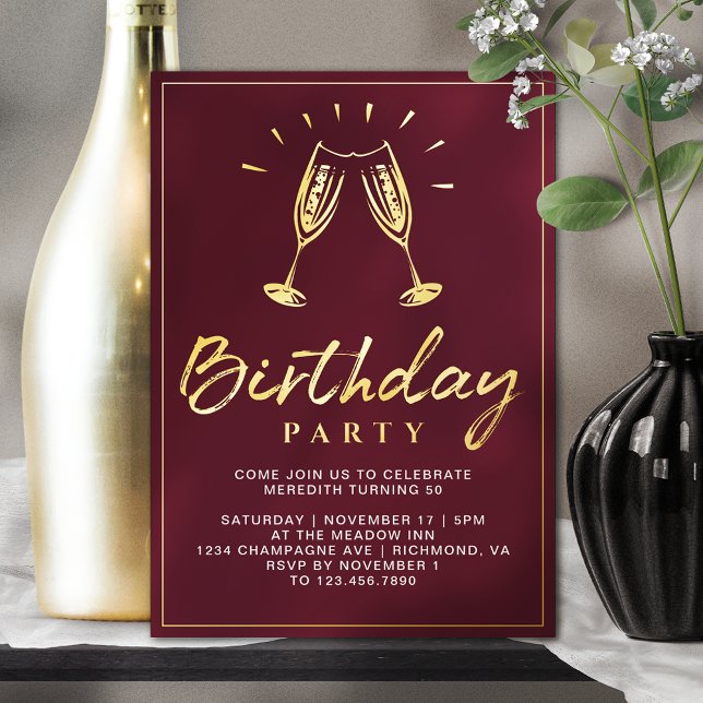 Champagne | Fun Burgundy Red and Gold Birthday (Creator Uploaded)