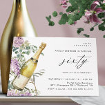 Champagne | Fun Elegant Women's 60th Birthday Invitation<br><div class="desc">Pretty 60th birthday invitations featuring a watercolor illustration of a champagne bottle surrounded by purple flowers. Large "sixty" text is written in script,  for a fun-but-elegant style. The reverse side is a coordinating pale green colour. (Background colours can be changed,  if wanted,  by using the design tool).</div>