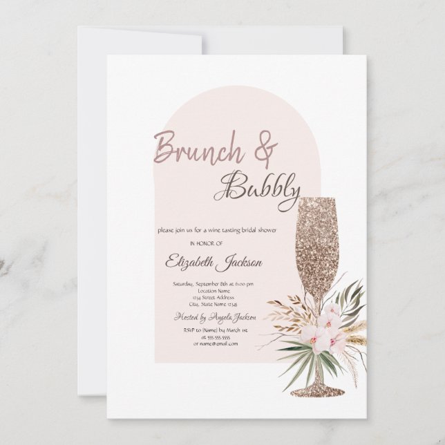 Champagne Glass Boho Flowers Brunch & Bubbly Invitation (Front)