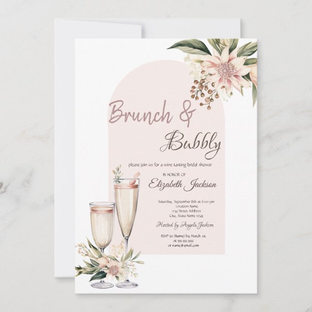 Champagne Glass Boho Flowers Brunch & Bubbly Invitation (Front)