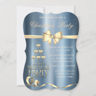Champagne Glass Bow Blue Metallic Christmas  Invitation