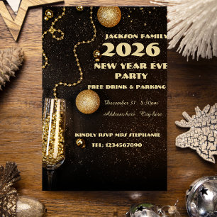 Champagne glass edited black, gold new year  invitation