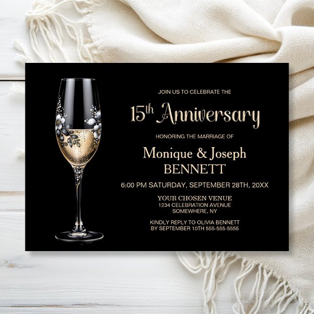 Champagne Glass Floral 15th Wedding Anniversary Invitation (Creator Uploaded)