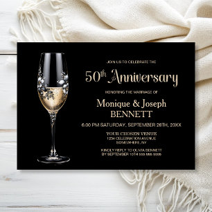 Champagne Glass Floral 50th Wedding Anniversary Invitation
