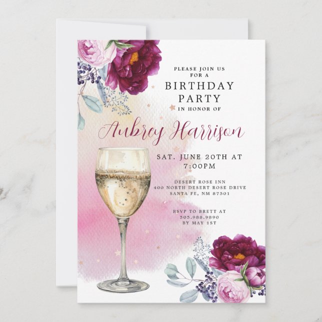 Champagne Glass Floral Birthday Invitation (Front)
