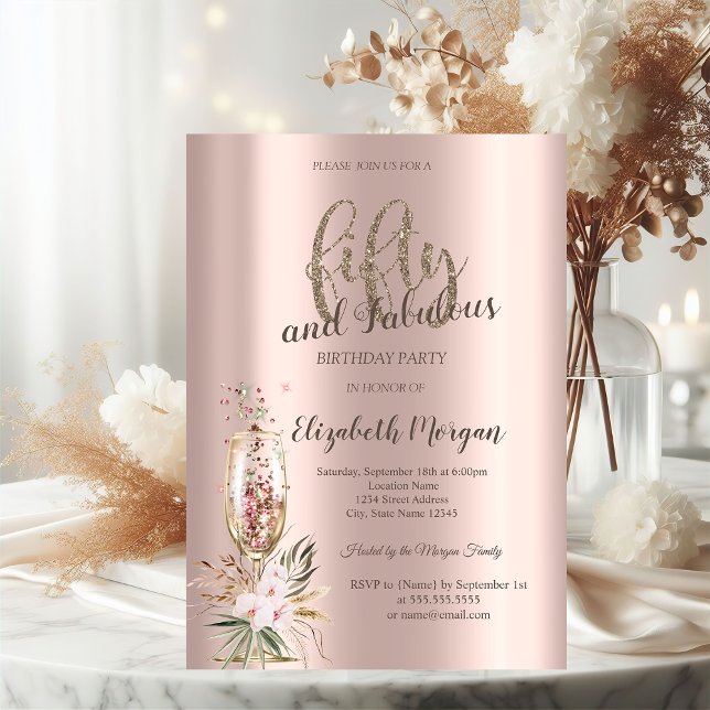 Champagne Glass Flowers Rose Gold 50th  Invitation (Creator Uploaded)
