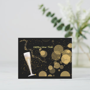 Champagne Glass Glitter New Year Black/Gold Holiday Postcard