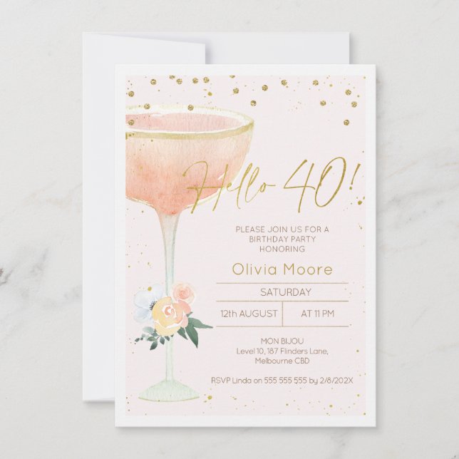 Champagne Glass Gold calligraphy 40th Birthday Invitation (Front)