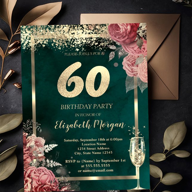 Champagne Glass Gold Confetti Floral Green 60th  Invitation (Creator Uploaded)