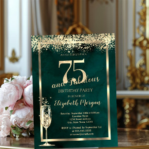 Champagne Glass Gold Confetti Green 75th Birthday Invitation