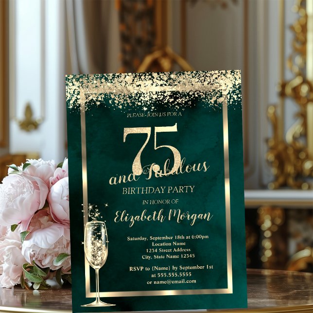 Champagne Glass Gold Confetti Green 75th Birthday Invitation (Creator Uploaded)