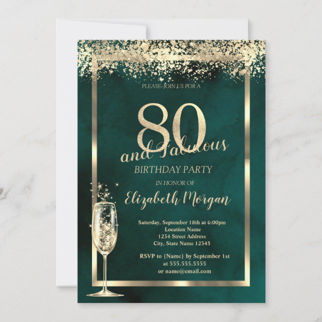 Champagne Glass Gold Confetti Green 80th Birthday Invitation (Front)