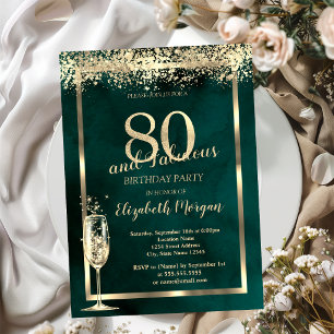 Champagne Glass Gold Confetti Green 80th Birthday Invitation