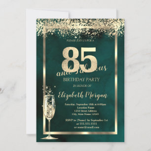 Champagne Glass Gold Confetti Green 85th Birthday Invitation