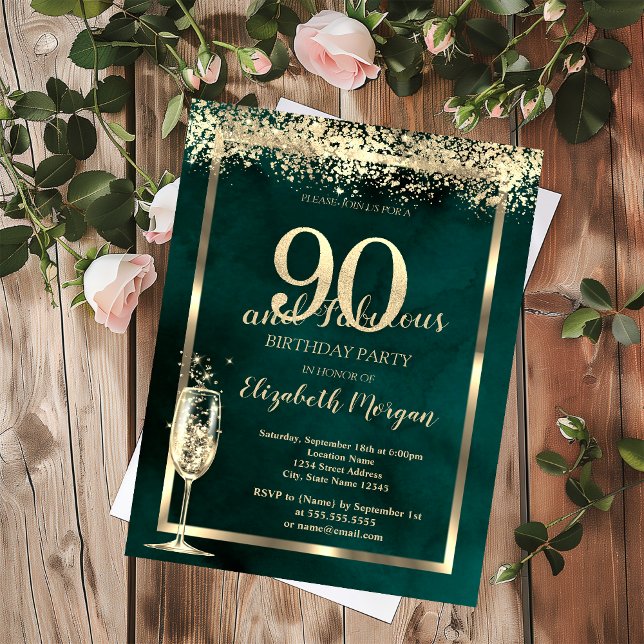 Champagne Glass Gold Confetti Green 90th Birthday Invitation (Creator Uploaded)