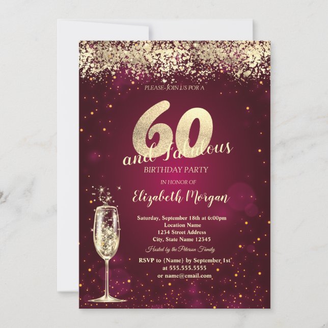 Champagne Glass Gold Confetti Red 60th Birthday Invitation (Front)