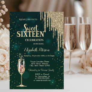 Champagne Glass,Gold Glitter Drips,Stars Sweet 16 Invitation